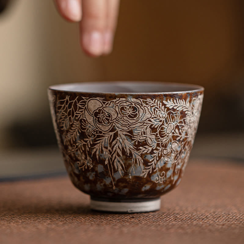 Taza de té Kung Fu con flores marrones y Buddha Stones en plena floración, 100 ml, con caja de regalo
