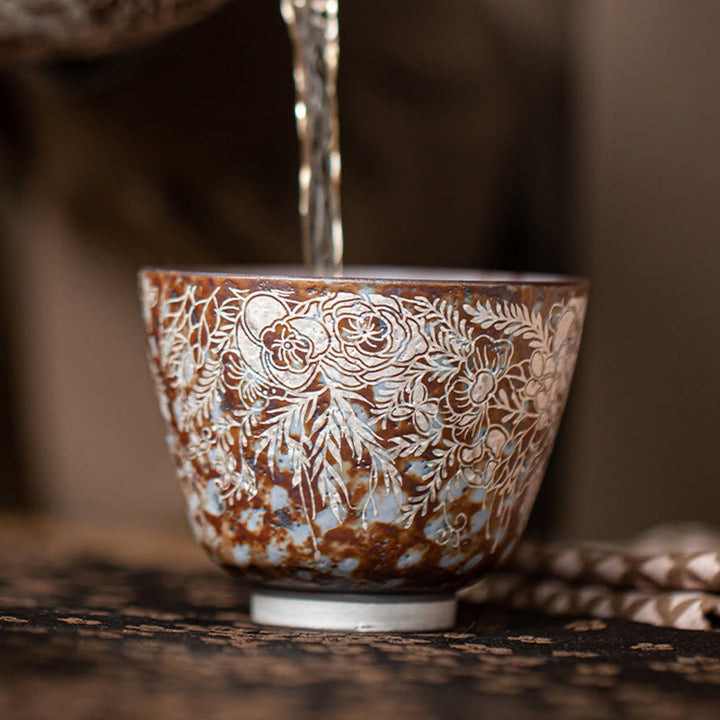 Taza de té Kung Fu con flores marrones y Buddha Stones en plena floración, 100 ml, con caja de regalo