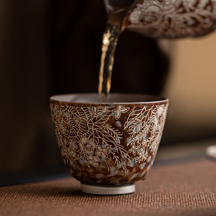 Taza de té Kung Fu con flores marrones y Buddha Stones en plena floración, 100 ml, con caja de regalo
