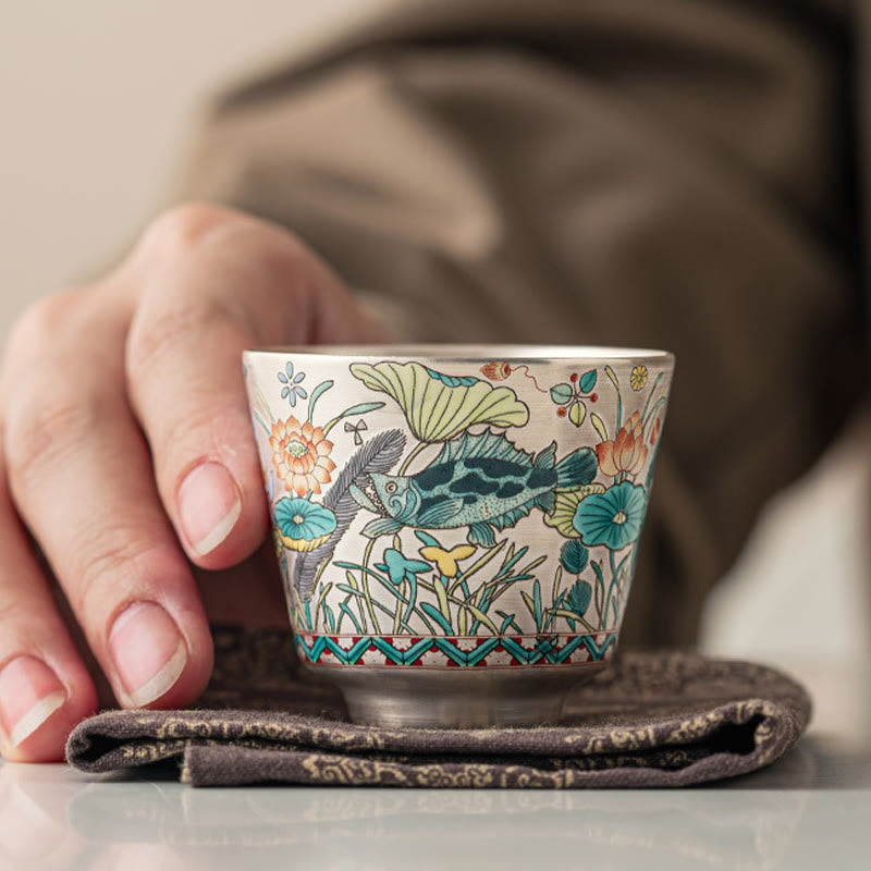 Taza de té de kung fu con diseño de algas, loto y pez, de Buddha Stones, 45 ml, con caja de regalo