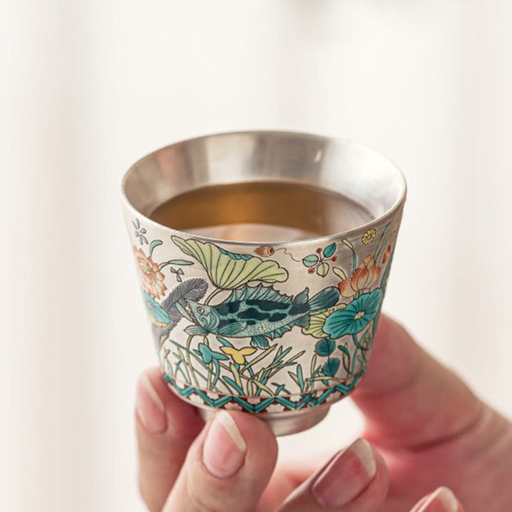 Taza de té de kung fu con diseño de algas, loto y pez, de Buddha Stones, 45 ml, con caja de regalo
