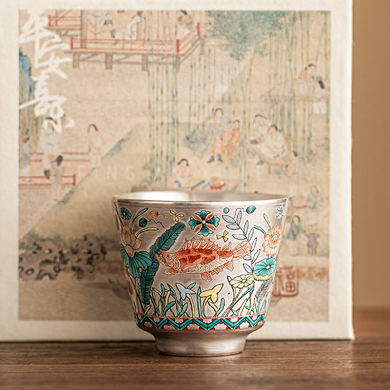 Taza de té de kung fu con diseño de algas, loto y pez, de Buddha Stones, 45 ml, con caja de regalo