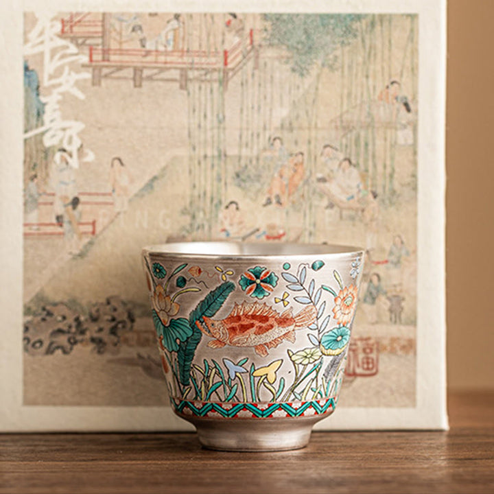 Taza de té de kung fu con diseño de algas, loto y pez, de Buddha Stones, 45 ml, con caja de regalo