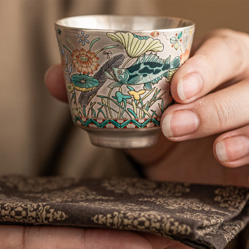 Taza de té de kung fu con diseño de algas, loto y pez, de Buddha Stones, 45 ml, con caja de regalo