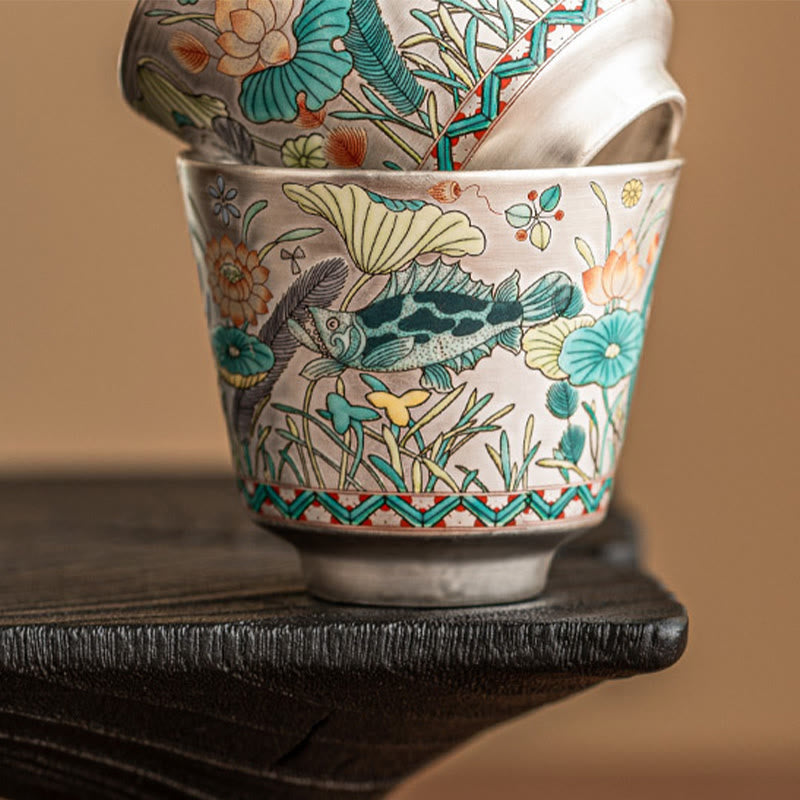 Taza de té de kung fu con diseño de algas, loto y pez, de Buddha Stones, 45 ml, con caja de regalo