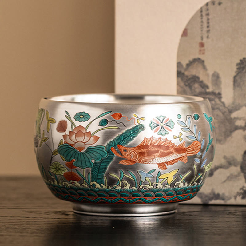 Taza de té de kung fu con diseño de Buddha Stones, pez, loto, algas, valle, montañas, pino, dragón y caja de regalo.