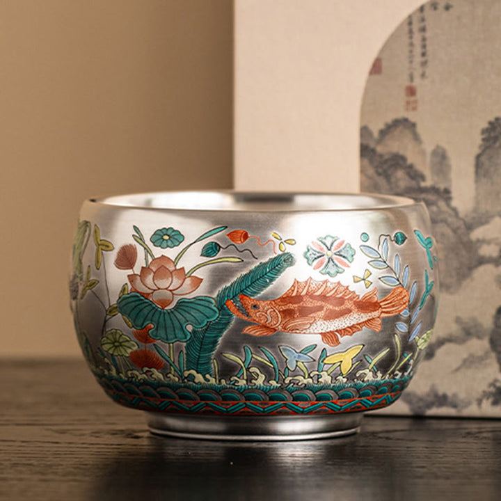 Taza de té de kung fu con diseño de Buddha Stones, pez, loto, algas, valle, montañas, pino, dragón y caja de regalo.