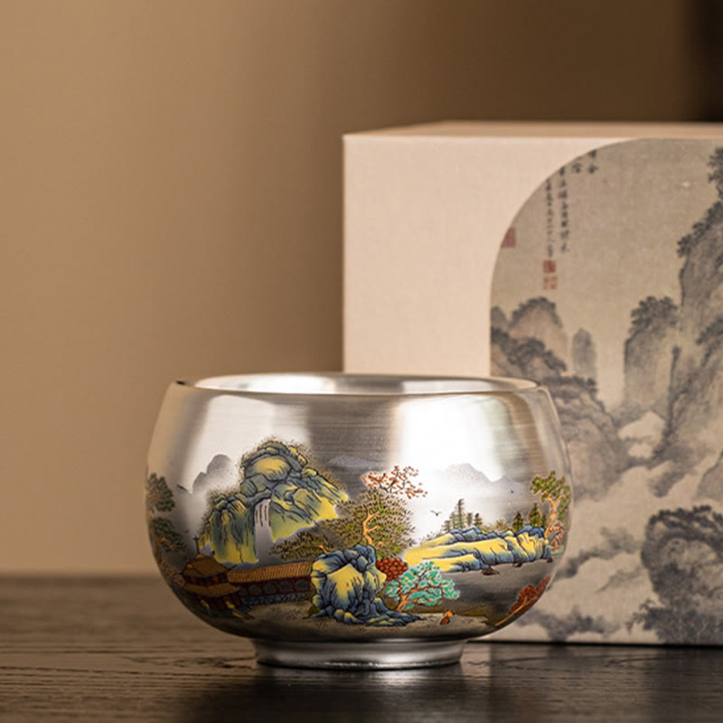 Taza de té de kung fu con diseño de Buddha Stones, pez, loto, algas, valle, montañas, pino, dragón y caja de regalo.