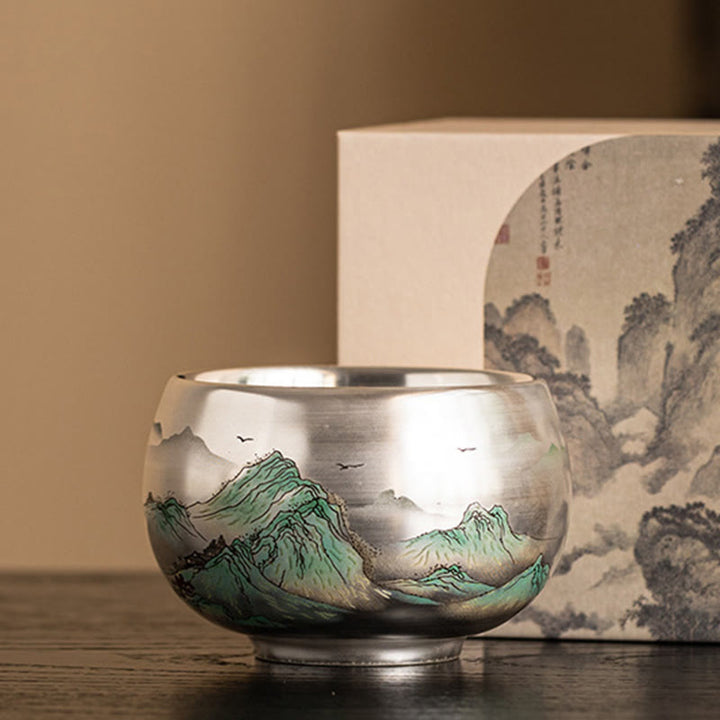 Taza de té de kung fu con diseño de Buddha Stones, pez, loto, algas, valle, montañas, pino, dragón y caja de regalo.
