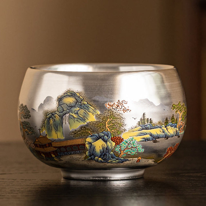 Taza de té de kung fu con diseño de Buddha Stones, pez, loto, algas, valle, montañas, pino, dragón y caja de regalo.
