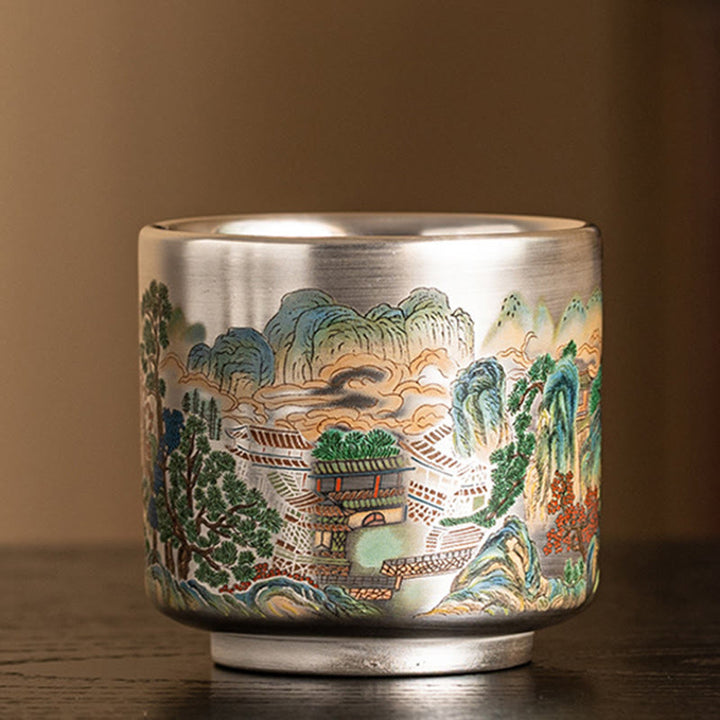 Taza de té de kung fu con diseño de Buddha Stones, pez, loto, algas, valle, montañas, pino, dragón y caja de regalo.