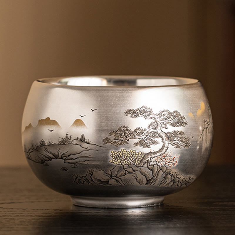 Taza de té de kung fu con diseño de Buddha Stones, pez, loto, algas, valle, montañas, pino, dragón y caja de regalo.