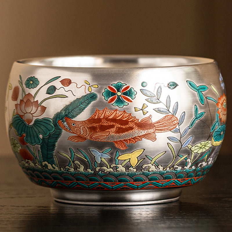 Taza de té de kung fu con diseño de Buddha Stones, pez, loto, algas, valle, montañas, pino, dragón y caja de regalo.