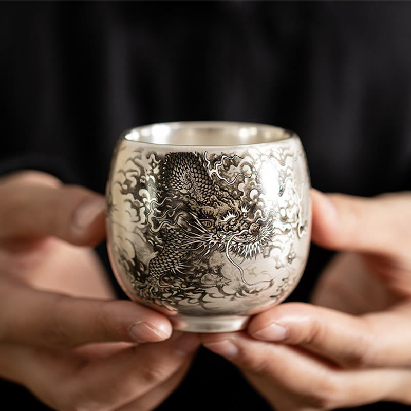 Taza de té de kung fu con diseño de Buddha Stones, pez, loto, algas, valle, montañas, pino, dragón y caja de regalo.