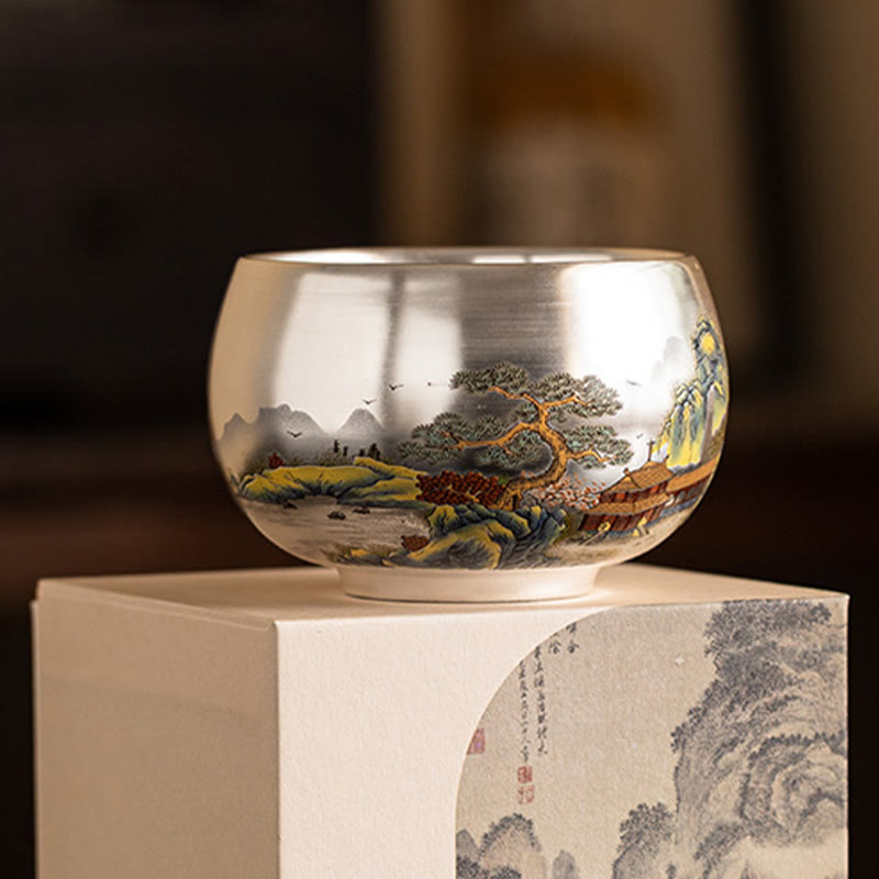 Taza de té de kung fu con diseño de Buddha Stones, pez, loto, algas, valle, montañas, pino, dragón y caja de regalo.
