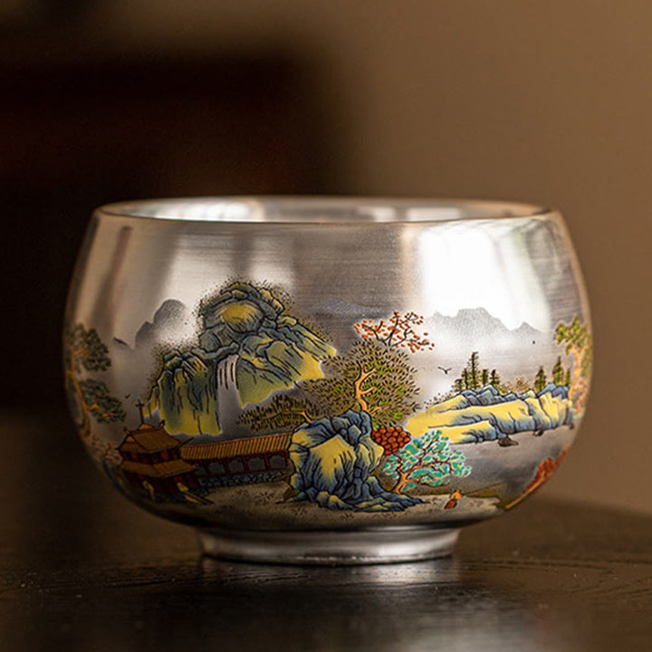 Taza de té de kung fu con diseño de Buddha Stones, pez, loto, algas, valle, montañas, pino, dragón y caja de regalo.
