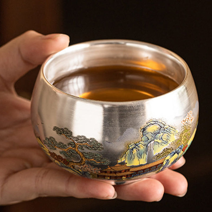 Taza de té de kung fu con diseño de Buddha Stones, pez, loto, algas, valle, montañas, pino, dragón y caja de regalo.
