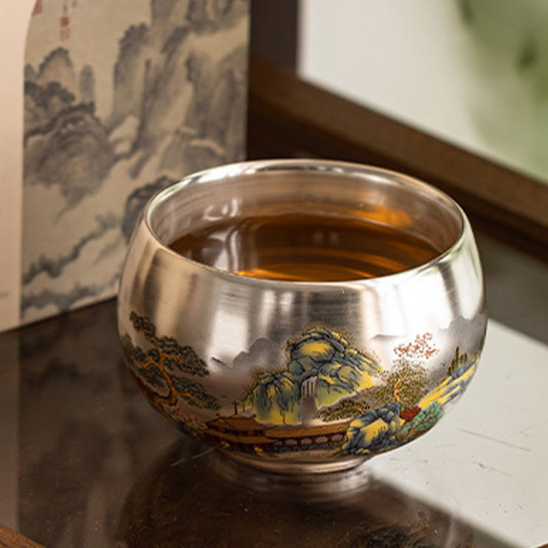 Taza de té de kung fu con diseño de Buddha Stones, pez, loto, algas, valle, montañas, pino, dragón y caja de regalo.