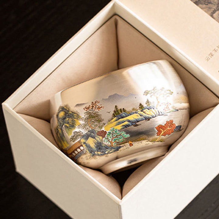 Taza de té de kung fu con diseño de Buddha Stones, pez, loto, algas, valle, montañas, pino, dragón y caja de regalo.