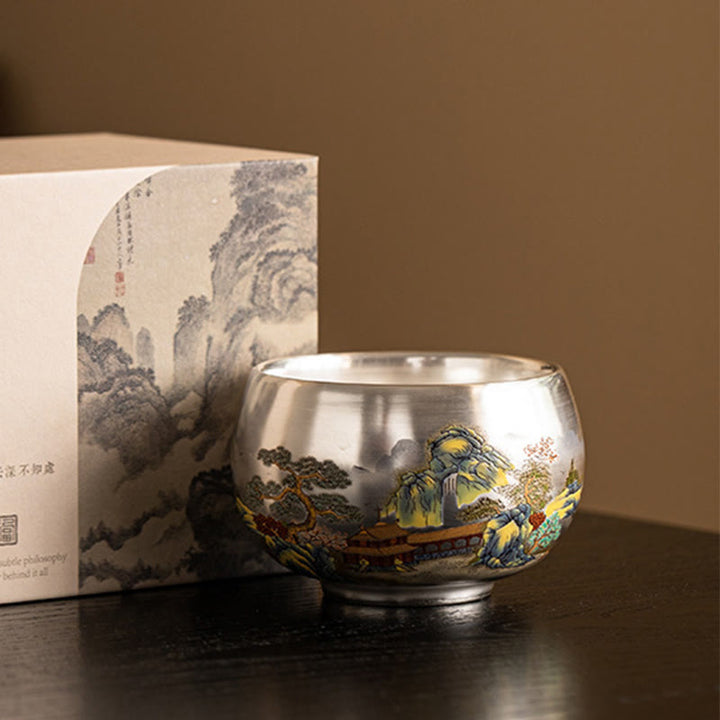 Taza de té de kung fu con diseño de Buddha Stones, pez, loto, algas, valle, montañas, pino, dragón y caja de regalo.