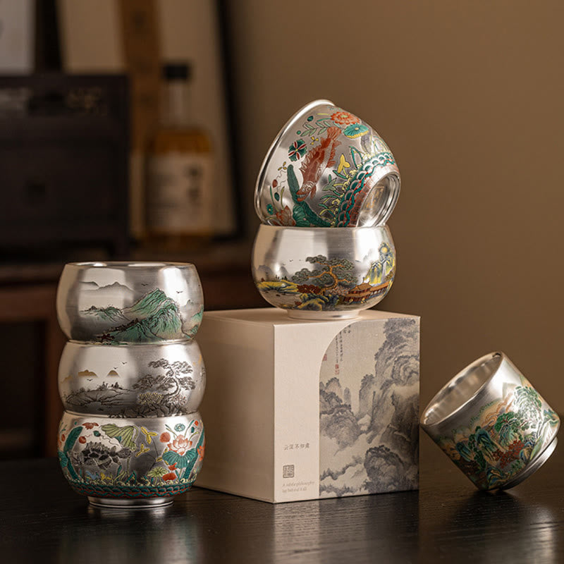 Taza de té de kung fu con diseño de Buddha Stones, pez, loto, algas, valle, montañas, pino, dragón y caja de regalo.
