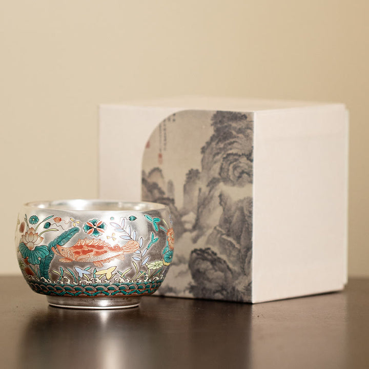 Taza de té de kung fu con diseño de Buddha Stones, pez, loto, algas, valle, montañas, pino, dragón y caja de regalo.