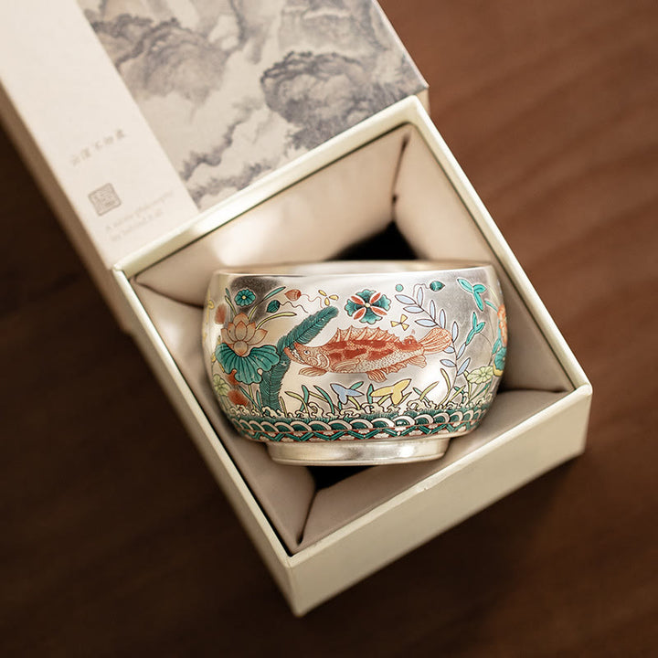 Taza de té de kung fu con diseño de Buddha Stones, pez, loto, algas, valle, montañas, pino, dragón y caja de regalo.
