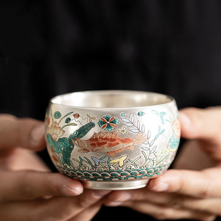 Taza de té de kung fu con diseño de Buddha Stones, pez, loto, algas, valle, montañas, pino, dragón y caja de regalo.