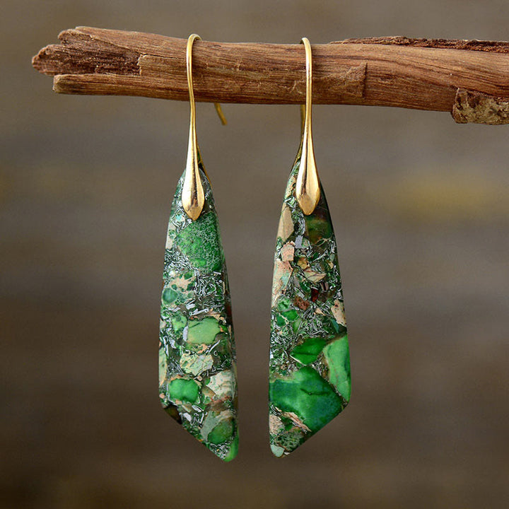 Pendientes antiestrés de cristal geométrico de piedra emperador natural de Buddha Stones - Piedra del Emperador Verde (Postes de Cobre)-Dorada - image 3