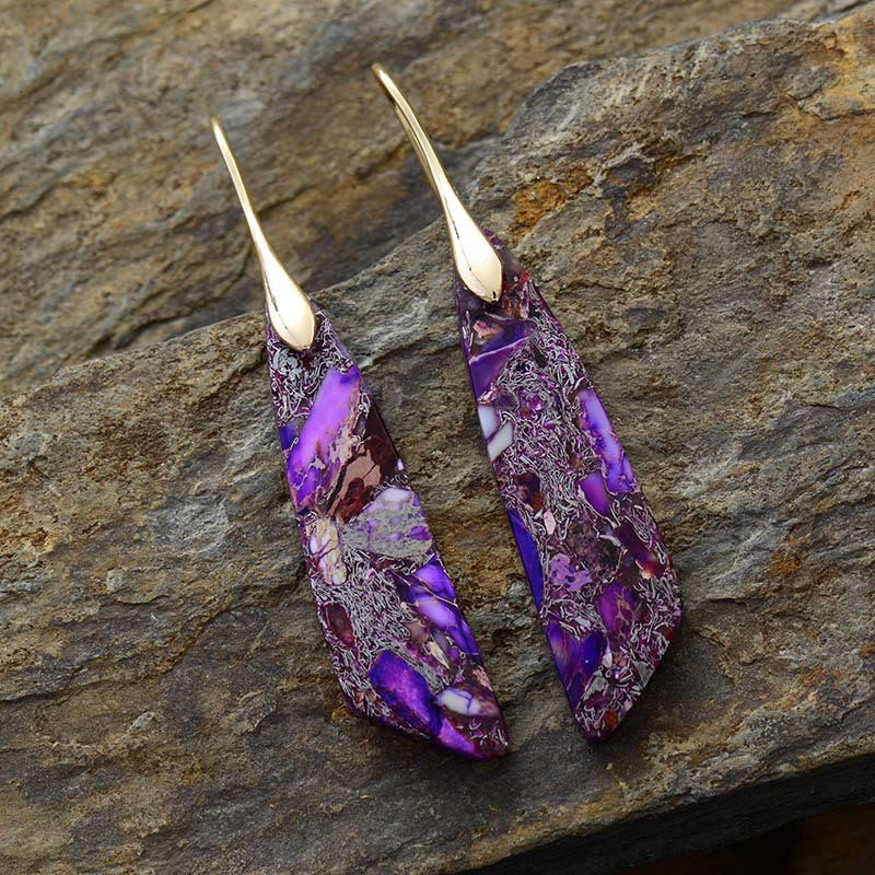 Pendientes antiestrés de cristal geométrico de piedra emperador natural de Buddha Stones - Piedra Emperador Púrpura (Postes de Cobre)-Dorada - image 10