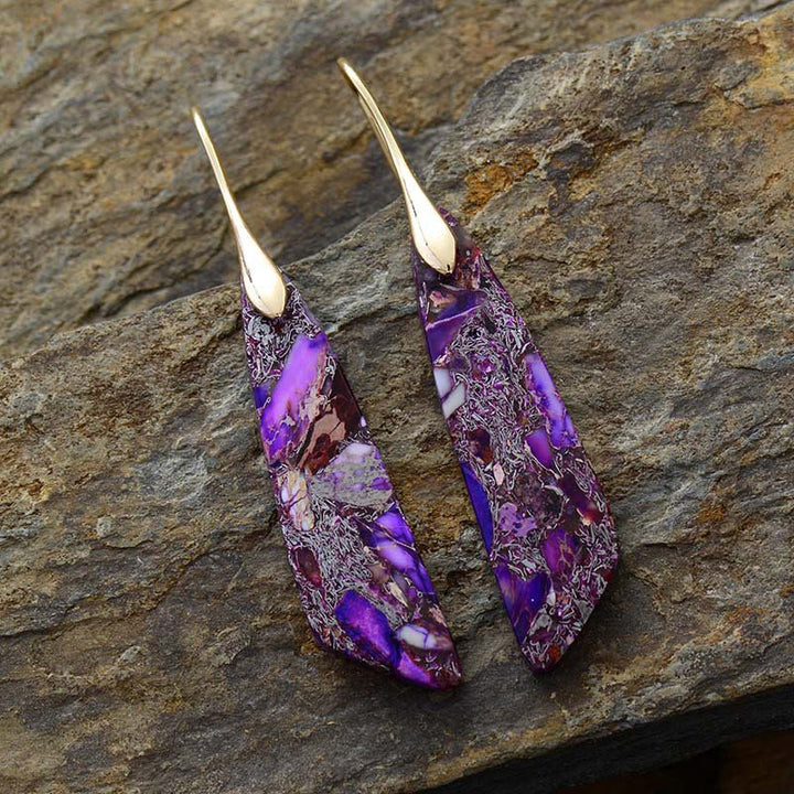 Pendientes antiestrés de cristal geométrico de piedra emperador natural de Buddha Stones - Piedra Emperador Púrpura (Postes de Cobre)-Dorada - image 10