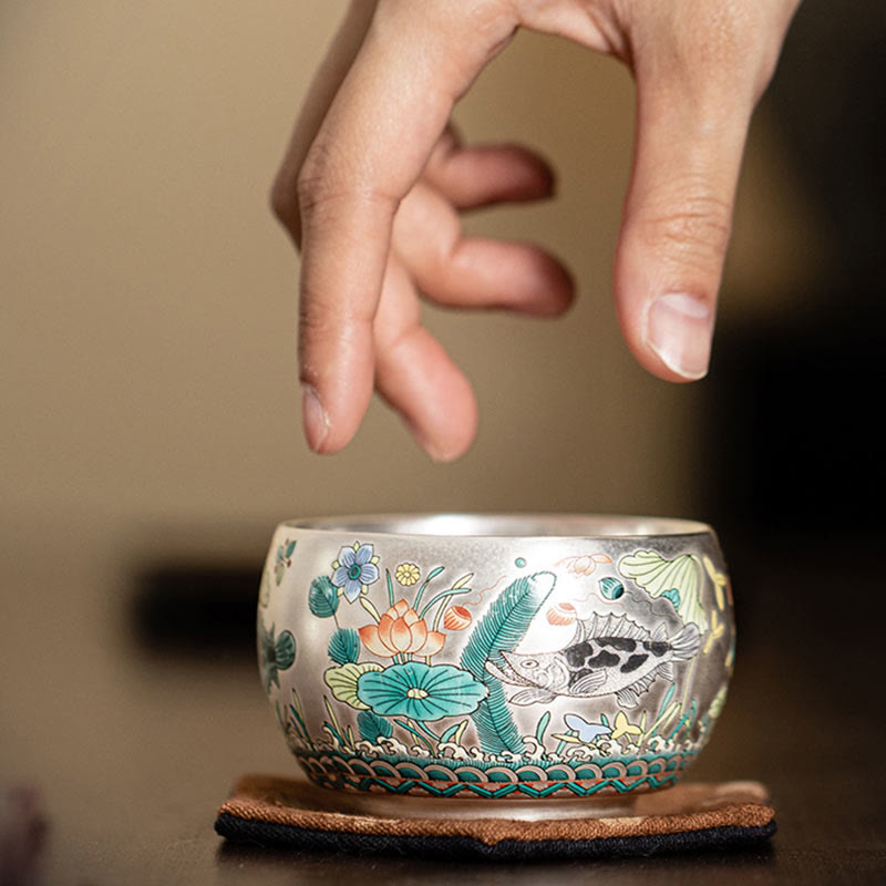 Taza de té de kung fu con diseño de Buddha Stones, pez, loto, algas, valle, montañas, pino, dragón y caja de regalo.