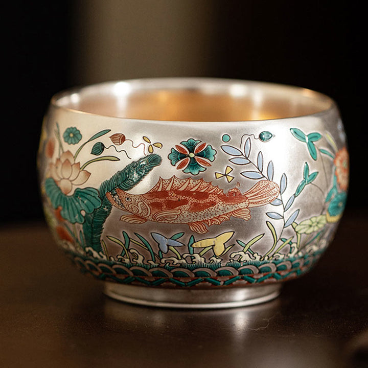 Taza de té de kung fu con diseño de Buddha Stones, pez, loto, algas, valle, montañas, pino, dragón y caja de regalo.