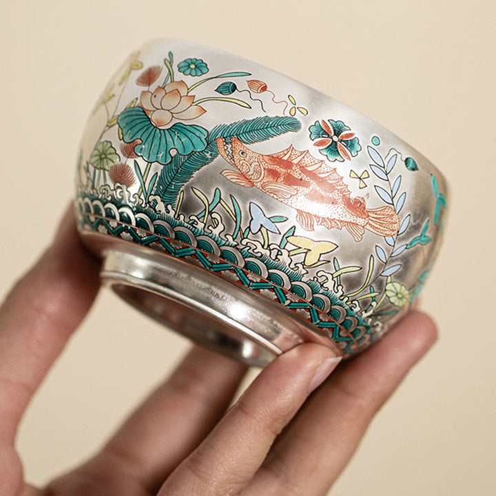 Taza de té de kung fu con diseño de Buddha Stones, pez, loto, algas, valle, montañas, pino, dragón y caja de regalo.
