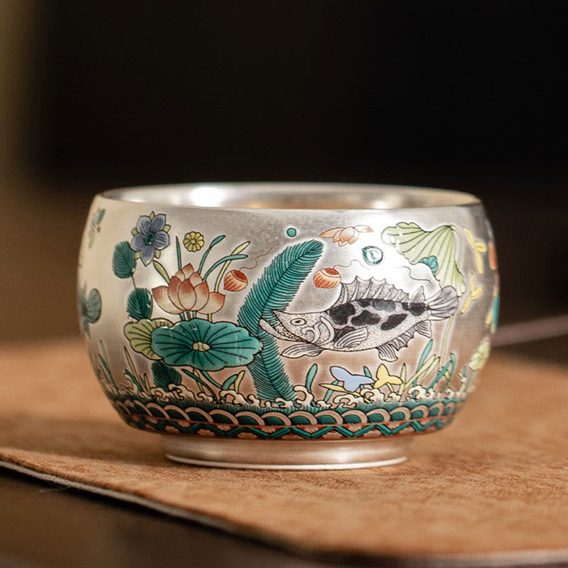 Taza de té de kung fu con diseño de Buddha Stones, pez, loto, algas, valle, montañas, pino, dragón y caja de regalo.
