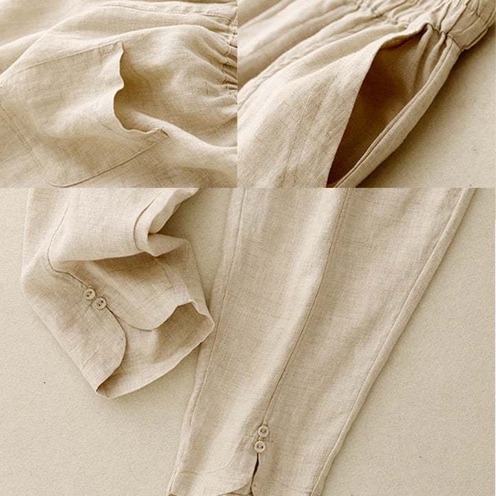 Pantalones harén de lino y algodón para mujer con diseño de botones laterales de color liso y bolsillos de Buddha Stones para verano - image 10