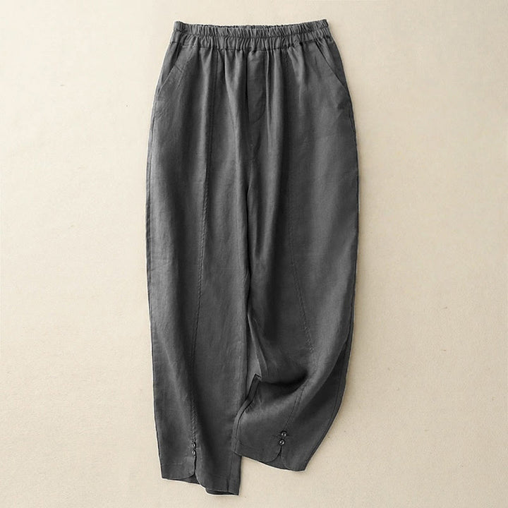 Pantalones harén de lino y algodón para mujer con diseño de botones laterales de color liso y bolsillos de Buddha Stones para verano - Gris pizarra oscuro - US8-10，UK/AU12-14，EU40-42 (2XL) - image 12