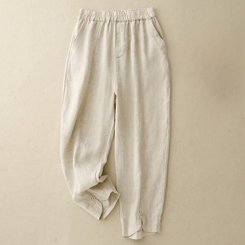 Pantalones harén de lino y algodón para mujer con diseño de botones laterales de color liso y bolsillos de Buddha Stones para verano - Beige - US8-10，UK/AU12-14，EU40-42 (2XL) - image 4