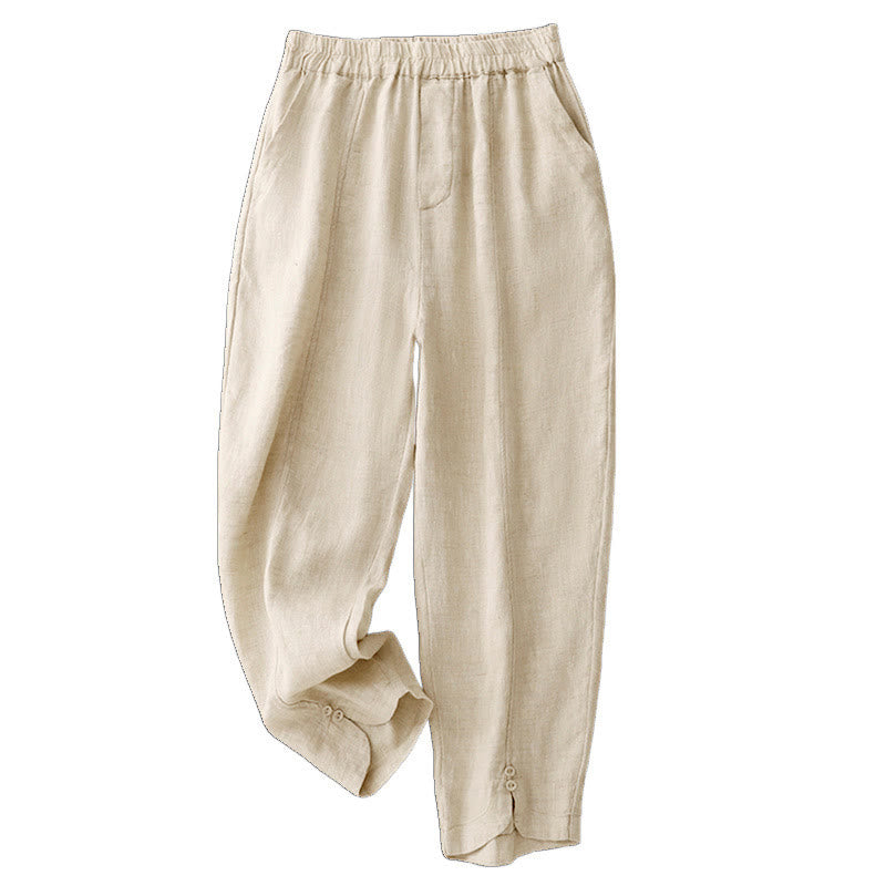 Pantalones harén de lino y algodón para mujer con diseño de botones laterales de color liso y bolsillos de Buddha Stones para verano - image 11