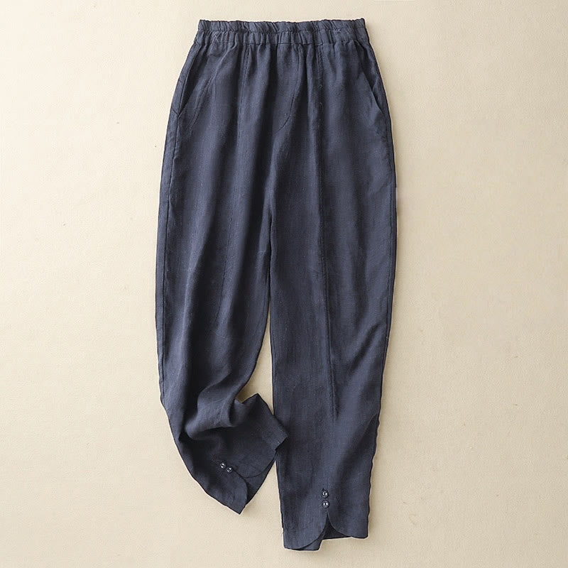 Pantalones harén de lino y algodón para mujer con diseño de botones laterales de color liso y bolsillos de Buddha Stones para verano - Azul pizarra oscuro - US8-10，UK/AU12-14，EU40-42 (2XL) - image 20