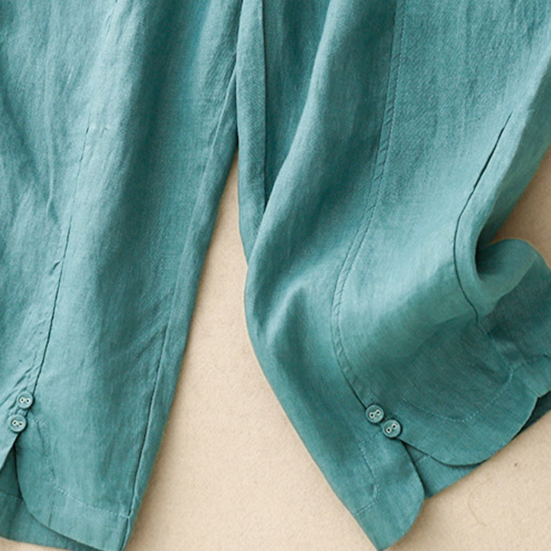 Pantalones harén de lino y algodón para mujer con diseño de botones laterales de color liso y bolsillos de Buddha Stones para verano - image 19