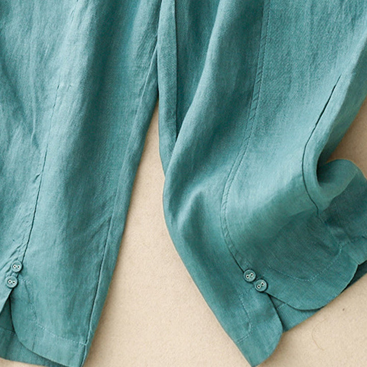 Pantalones harén de lino y algodón para mujer con diseño de botones laterales de color liso y bolsillos de Buddha Stones para verano - image 19