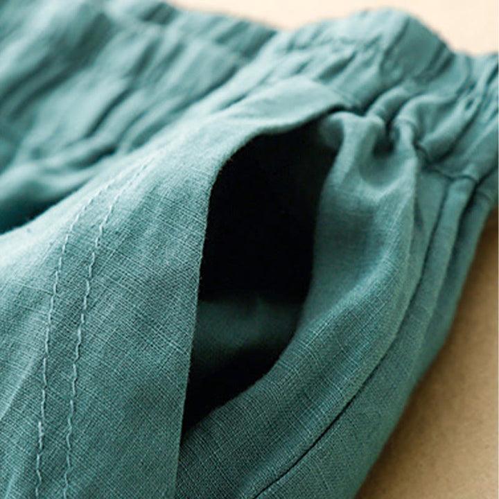 Pantalones harén de lino y algodón para mujer con diseño de botones laterales de color liso y bolsillos de Buddha Stones para verano - image 17