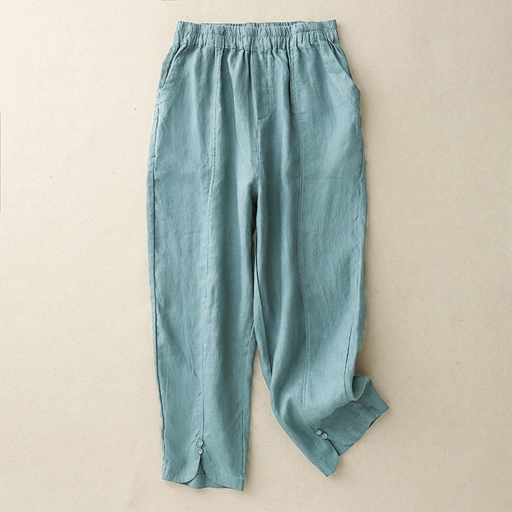 Pantalones harén de lino y algodón para mujer con diseño de botones laterales de color liso y bolsillos de Buddha Stones para verano - Verde mar claro - US8-10，UK/AU12-14，EU40-42 (2XL) - image 15