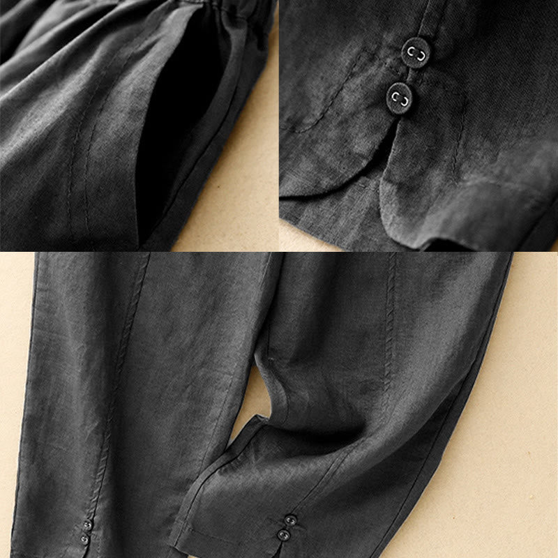 Pantalones harén de lino y algodón para mujer con diseño de botones laterales de color liso y bolsillos de Buddha Stones para verano - image 14