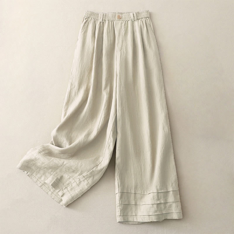 Pantalones de lino y algodón con puños plisados ​​de color liso vintage para mujer, con pernera ancha y bolsillos, de Buddha Stones - Lino - US8-10，UK/AU12-14，EU40-42 (2XL) - image 0
