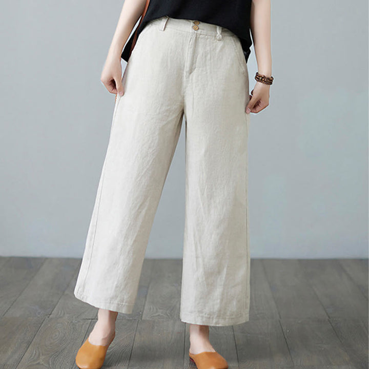 Pantalones de lino y algodón con diseño simple de patchwork de color liso para mujer con bolsillos de Buddha Stones Daily - image 1