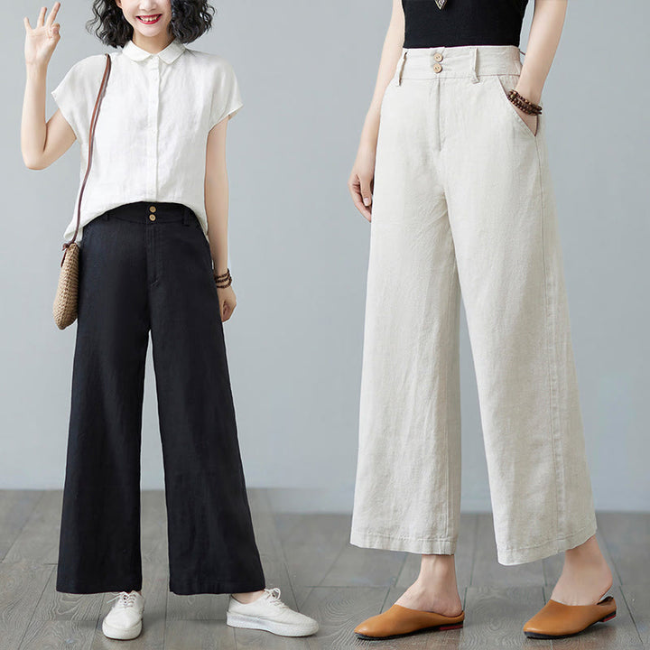 Pantalones de lino y algodón con diseño simple de patchwork de color liso para mujer con bolsillos de Buddha Stones Daily - image 28