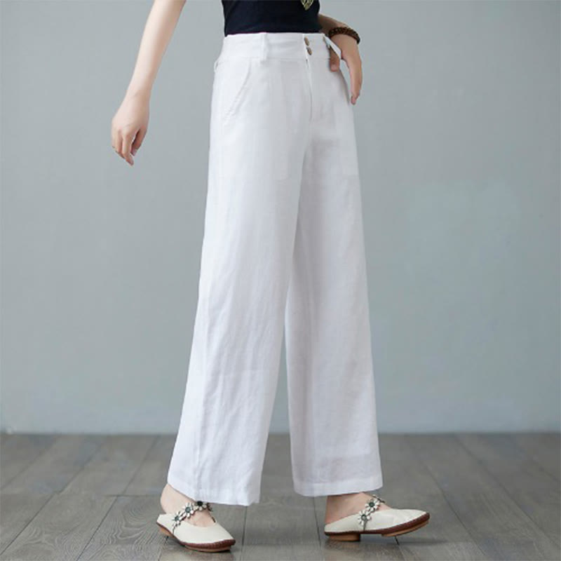 Pantalones de lino y algodón con diseño simple de patchwork de color liso para mujer con bolsillos de Buddha Stones Daily - Blanco - US8-10，UK/AU12-14，EU40-42 (2XL) - image 14