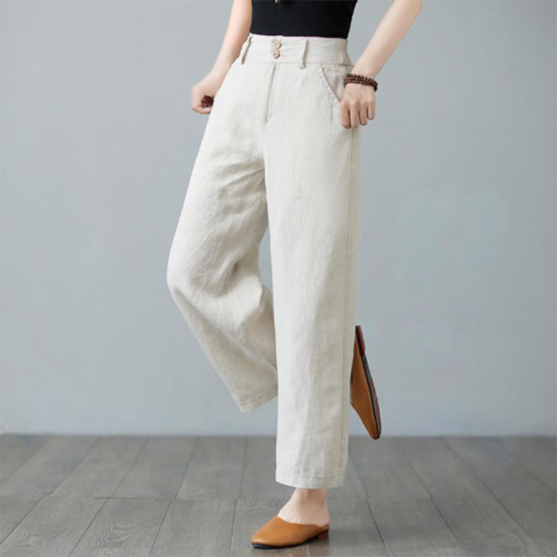 Pantalones de lino y algodón con diseño simple de patchwork de color liso para mujer con bolsillos de Buddha Stones Daily - image 5